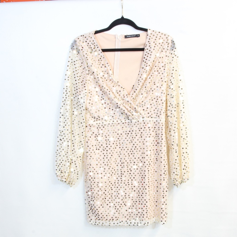 Beaded V-Neck Mini Dress in Champagne